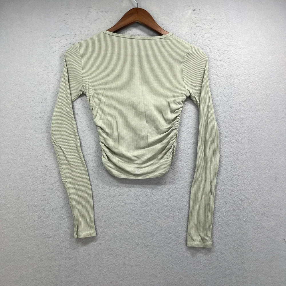 Alo Yoga Top Womens Medium Green Gathered Long Sleeve Ribbed Yoga Athleisure